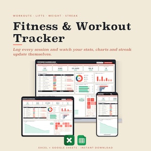 Può includere: Un modello digitale di fitness e workout tracker per Excel e Google Sheets. Il display mostra una dashboard con visualizzazioni di dati, inclusi grafici, diagrammi e registri di allenamento su laptop, tablet e smartphone.