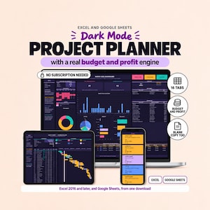 Projektplaner im Dunkelmodus: Tabellenkalkulation für Excel und Google Sheets, Gantt-Diagramm, Kanban-Board, Projektbudget-Tracker, Aufgaben-Tracker, Teamplaner