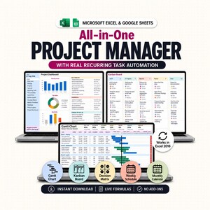 Hoja de cálculo de gestión de proyectos en Excel y Google Sheets, plantilla de diagrama de Gantt, tablero Kanban, rastreador de tareas, planificador de proyectos, carga de trabajo del equipo.
