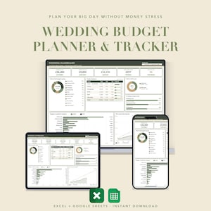 May include: A digital wedding budget planner and tracker displayed on a laptop, tablet, and smartphone. The interface features a dashboard with charts, tables, and financial data in British pounds. Text includes PLAN YOUR BIG DAY WITHOUT MONEY STRESS.