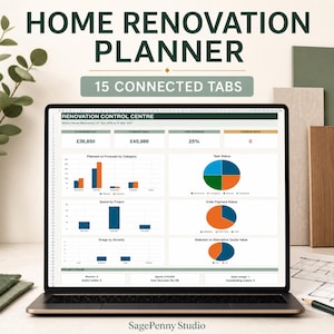 Peut inclure: Un planificateur de rénovation résidentielle numérique affiché sur un écran d'ordinateur portable, avec le texte HOME RENOVATION PLANNER et 15 CONNECTED TABS. Le tableau de bord présente un centre de contrôle avec des graphiques et des données.