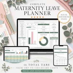 May include: A digital maternity leave planner displayed on a laptop, tablet, and smartphone screen. The interface features tables, bar charts, and pie charts in green and pink tones. Text includes Complete Maternity Leave Planner and 16 Total Tabs.