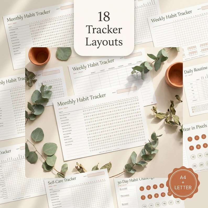 Monthly Habit Tracker Printable Landscape | 18 Habit & Routine Trackers | Fillable PDF + A4 and Letter | 30 Day Challenge | Instant Download image 7