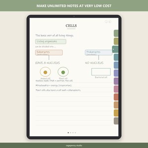 Puede incluir: Una pantalla de tableta digital que muestra una p&aacute;gina de notas de estudio de biolog&iacute;a titulada CELLS. La p&aacute;gina presenta un diagrama que explica eucariotas y procariotas, incluyendo texto sobre n&uacute;cleos, c&eacute;lulas animales, vegetales y bacterianas.