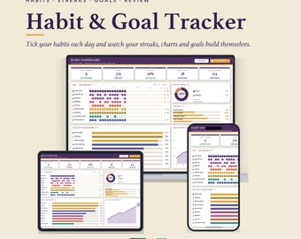 Hoja de cálculo para el seguimiento de hábitos y objetivos / Excel + Google Sheets / Seguimiento diario de hábitos, rachas, objetivos y revisión semanal