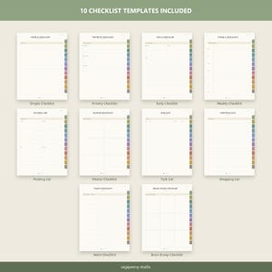 Puede incluir: Una colecci&oacute;n digital de 10 plantillas de listas de verificaci&oacute;n que incluyen listas simples, prioritarias, diarias, semanales, de equipaje, maestras, de tareas, de compras, de h&aacute;bitos y de ideas. Cada p&aacute;gina tiene pesta&ntilde;as laterales de colores.