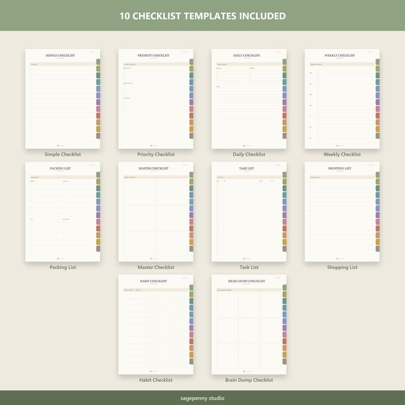 Puede incluir: Una colecci&oacute;n digital de 10 plantillas de listas de verificaci&oacute;n que incluyen listas simples, prioritarias, diarias, semanales, de equipaje, maestras, de tareas, de compras, de h&aacute;bitos y de ideas. Cada p&aacute;gina tiene pesta&ntilde;as laterales de colores.