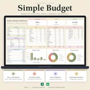 May include: A digital budget dashboard displayed on a laptop screen titled Simple Budget by Sagepenny Studio. The interface includes tables for income, bills, expenses, and debt, alongside bar charts and pie charts showing financial data in British pounds.