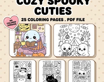 Cosy Spooky Cuties kleurboek | 25 leuke Halloween-kleurplaten | Kawaii spookskeletpompoen | Kinderen en volwassenen | Pdf direct downloaden