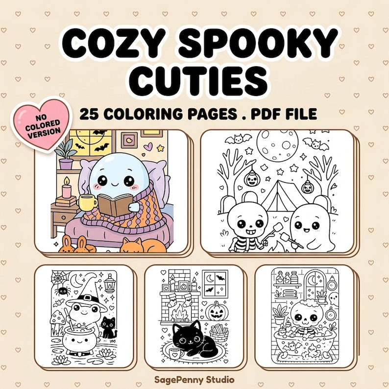 Przytulna, upiorna kolorowanka | 25 uroczych kolorowanek na Halloween | Kawaii Duch Szkielet Dynia | Dla dzieci i dorosłych | Pobierz PDF natychmiast zdjęcie 1