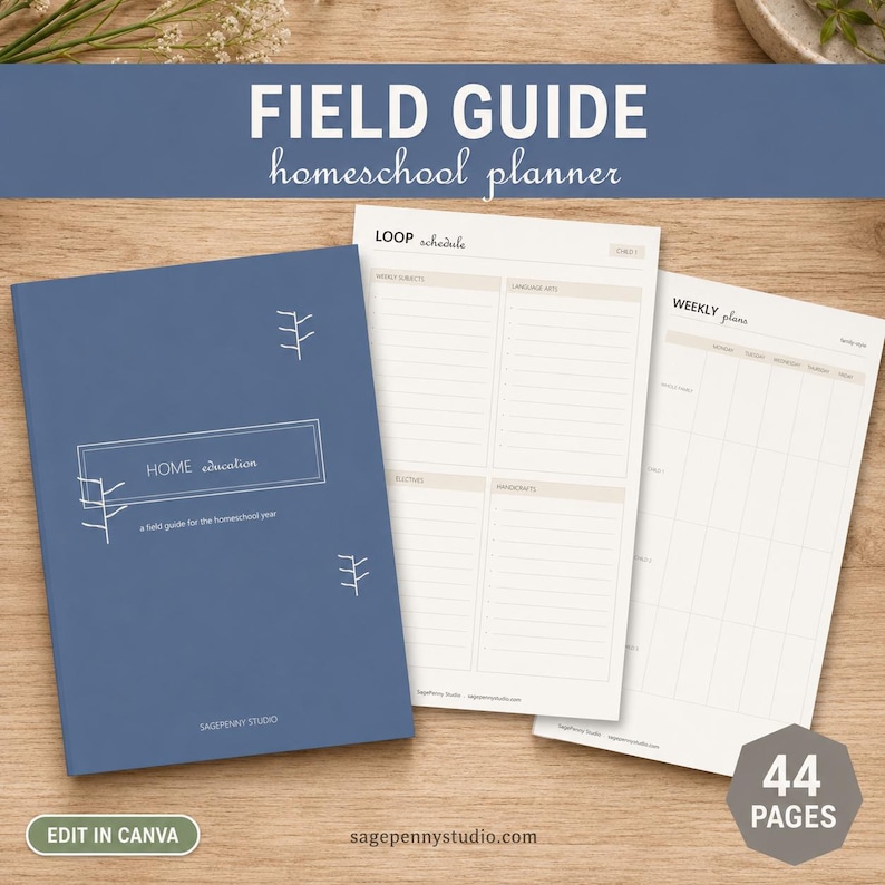 Bearbeitbare Canva-Vorlage für den Homeschooling-Planer, Stundenplan mit Schleife + Unterrichtspläne für mehrere Kinder, Anwesenheitsliste, Wochen- und Monatsplanung zum Ausdrucken Bild 1