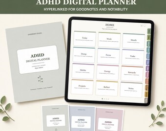 Cyfrowy planer ADHD z hiperłączami do Goodnotes i Notability, niedatowany dzienny, tygodniowy, miesięczny i śledzący nawyki na iPadzie