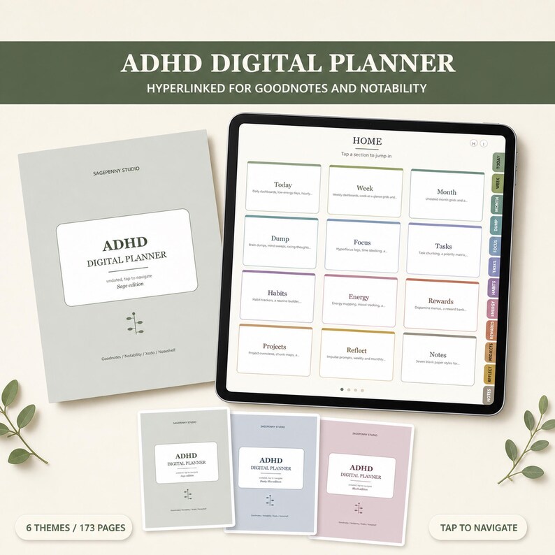 Planejador digital para TDAH, com hiperlinks para Goodnotes e Notability, rastreador de hábitos diário, semanal e mensal sem data para iPad. imagem 1