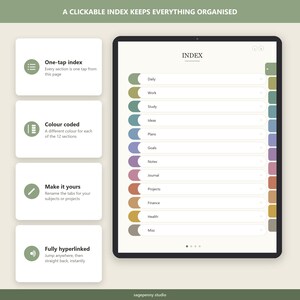 Puede incluir: Una interfaz de planificador digital en una pantalla de tableta que muestra una p&aacute;gina de &iacute;ndice con doce pesta&ntilde;as clicables codificadas por colores etiquetadas como Daily, Work, Study, Ideas, Plans, Goals, Notes, Journal, Projects, Finance, Health y Misc.
