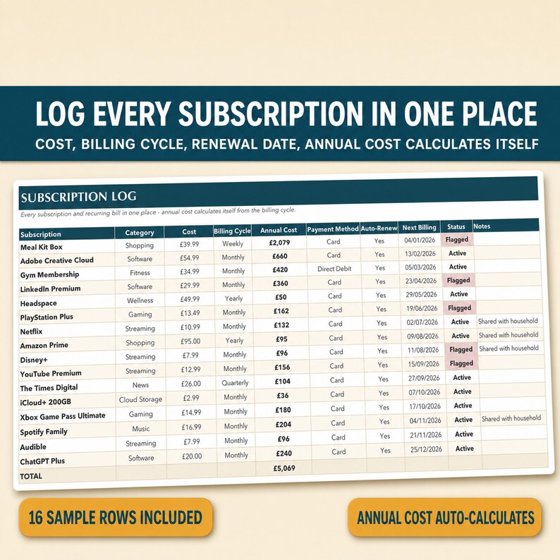 May include: A digital subscription log spreadsheet featuring columns for subscription name, category, cost, billing cycle, annual cost, payment method, auto-renew, next billing date, status, and notes. The table includes 16 sample rows and a total.
