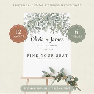 Wedding Seating Chart Template, Printable Find Your Seat Sign, Editable Greenery Eucalyptus Seating Plan, 6 Themes, Fillable PDF image 1