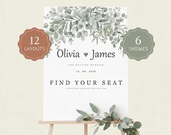 Wedding Seating Chart Template, Printable Find Your Seat Sign, Editable Greenery Eucalyptus Seating Plan, 6 Themes, Fillable PDF