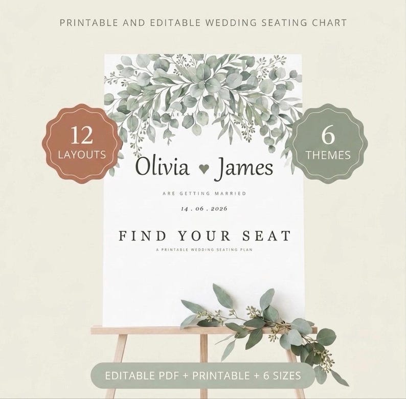 Wedding Seating Chart Template, Printable Find Your Seat Sign, Editable Greenery Eucalyptus Seating Plan, 6 Themes, Fillable PDF image 1