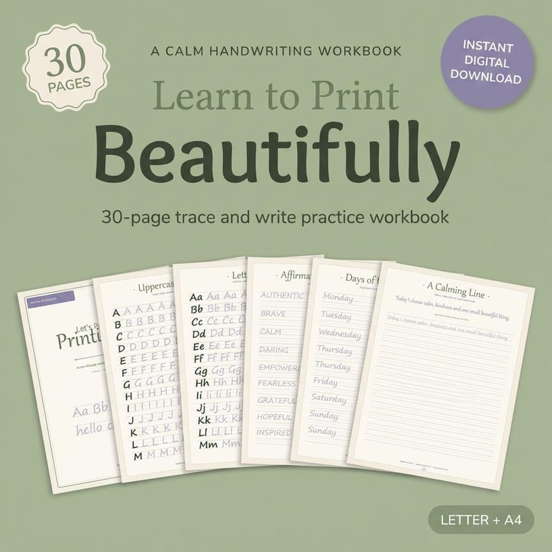 Printing Practice Workbook | Printable Handwriting Practice for Adults | 30 Page Trace & Write Alphabet and Words | Instant Download PDF imagen 1