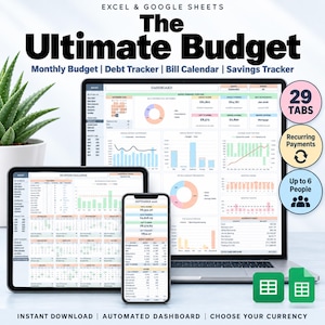 May include: A digital budget planner for Excel and Google Sheets titled The Ultimate Budget, featuring a dashboard, monthly budget, debt tracker, bill calendar, and savings tracker. The display shows financial charts, tables, and data for up to 6 people.