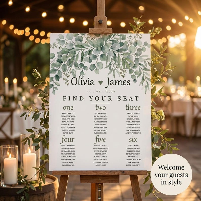 Wedding Seating Chart Template, Printable Find Your Seat Sign, Editable Greenery Eucalyptus Seating Plan, 6 Themes, Fillable PDF image 2