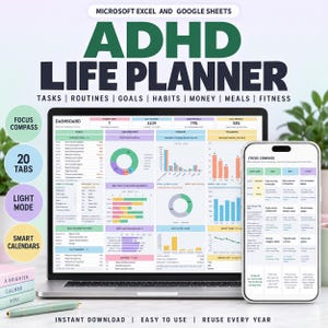 ADHD Life Planner Spreadsheet Excel Google Sheets, Light Mode All in One Planner, ADHD Task Tracker, Habit Tracker, Budget, Meal Planner