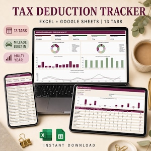 Puede incluir: Una hoja de cálculo digital de seguimiento de deducciones fiscales para Excel y Google Sheets mostrada en un portátil, tableta y smartphone. La interfaz presenta gráficos, tablas y resúmenes de datos en granate y verde salvia para 2026/27.