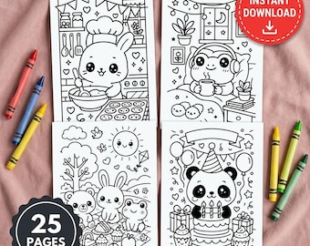 Cozy Kawaii Animal Coloring Book | 25 Printable Coloring Pages for Kids and Adults | Cute Bear Bunny Frog Cat | Instant Download PDF