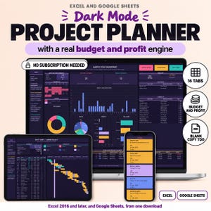 Dark Mode Project Planner Spreadsheet Excel Google Sheets, Gantt Chart, Kanban Board, Project Budget Tracker, Task Tracker, Team Planner