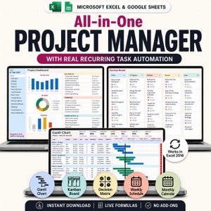 Projektmanagement-Tabellenkalkulation (Excel, Google Sheets), Gantt-Diagramm-Vorlage, Kanban-Board, Aufgabenverfolgung, Projektplaner, Team-Auslastung