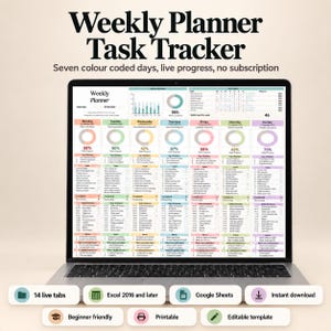 Weekplanner spreadsheet Excel Google Sheets, dagplanner, takenlijstsjabloon, gewoonte-tracker, taaktracker, doelenplanner, tijdregistratie