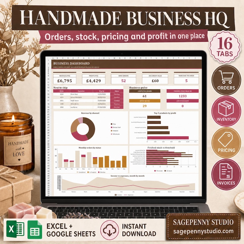 Etsy Seller Spreadsheet | Excel + Google Sheets | Order Tracker, Inventory, Pricing and Profit Dashboard image 1