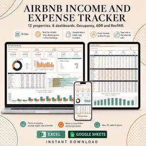 Peut inclure: Un tableur numérique de suivi des revenus et dépenses Airbnb affiché sur un ordinateur portable, une tablette et un smartphone. L'interface comprend 16 onglets, 6 tableaux de bord et suit l'occupation, l'ADR et le RevPAR pour 12 propriétés.