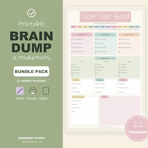 Puede incluir: Un paquete de plantillas imprimibles de brain dump y productividad con 22 opciones editables. El documento incluye secciones para tareas etiquetadas como Must Do, Could Do, Want To Do, Call, Message, Email, Schedule, Follow Up, Create y Notes.