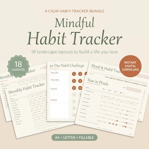 Monthly Habit Tracker Printable Landscape | 18 Habit & Routine Trackers | Fillable PDF + A4 and Letter | 30 Day Challenge | Instant Download image 1