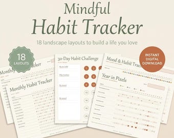 Monthly Habit Tracker Printable Landscape | 18 Habit & Routine Trackers | Fillable PDF + A4 and Letter | 30 Day Challenge | Instant Download