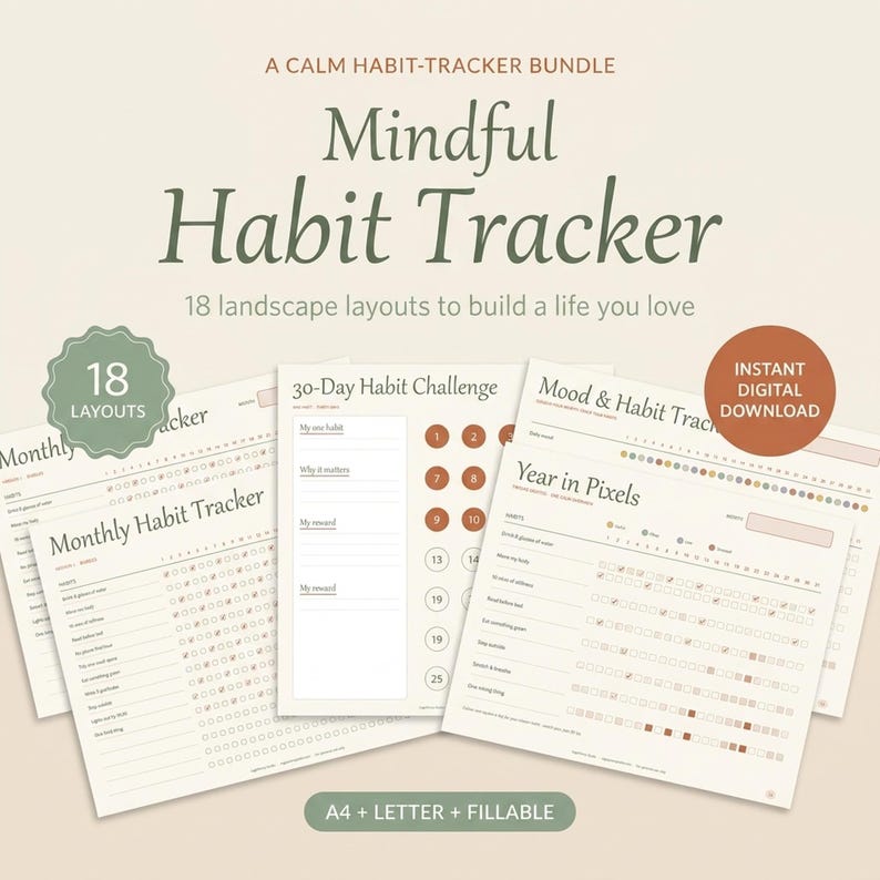 Monthly Habit Tracker Printable Landscape | 18 Habit & Routine Trackers | Fillable PDF + A4 and Letter | 30 Day Challenge | Instant Download image 1