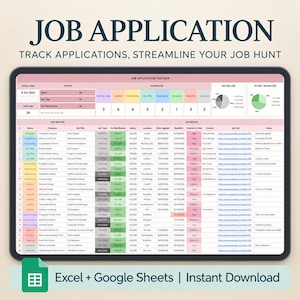 May include: A digital job application tracker spreadsheet displayed on a tablet screen. The interface features a dashboard with status counts, pie charts, and a detailed table listing job entries with columns for status, company, title, and salary.