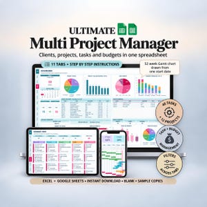 Może przedstawiać: Cyfrowe narzędzie do zarządzania projektami w arkuszu kalkulacyjnym o nazwie Ultimate Multi Project Manager wyświetlone na laptopie, tablecie i smartfonie. Interfejs zawiera pulpity nawigacyjne, wykresy kołowe, słupkowe i widok Kanban.