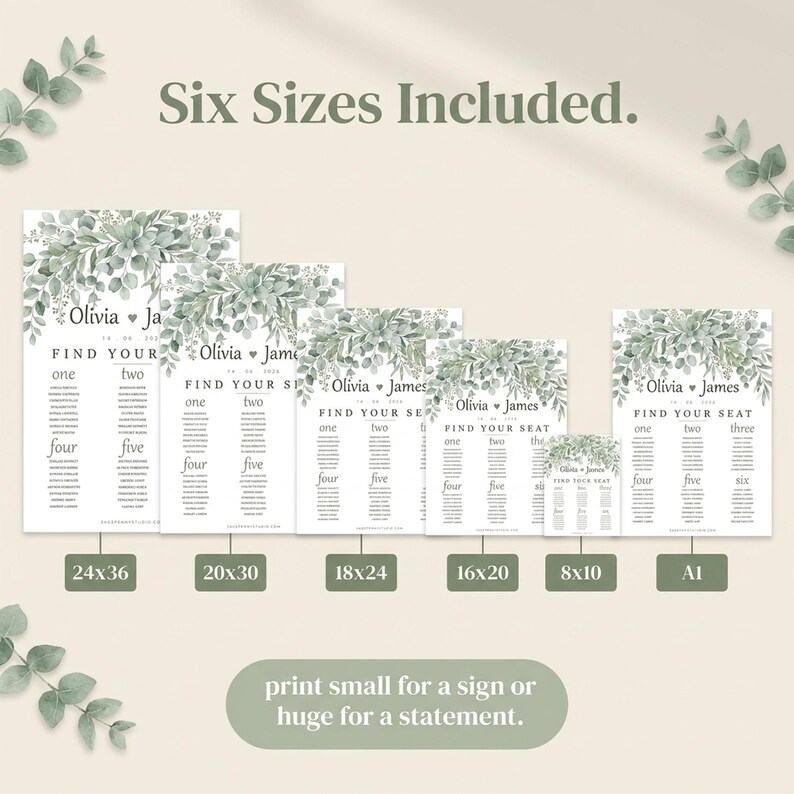 Wedding Seating Chart Template, Printable Find Your Seat Sign, Editable Greenery Eucalyptus Seating Plan, 6 Themes, Fillable PDF image 8