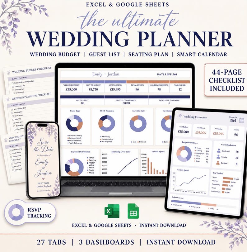 Ultimate Wedding Planner Spreadsheet, Excel and Google Sheets, Budget Tracker and Guest List image 1