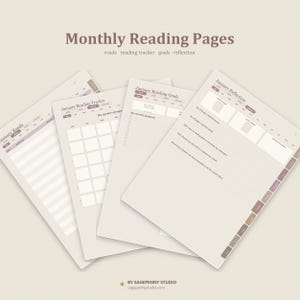 May include: A set of digital planner pages titled Monthly Reading Pages, including a reading tracker, goals, and reflection sections. The pages feature a neutral beige color palette with brown text and tabs, displaying January specific headers.
