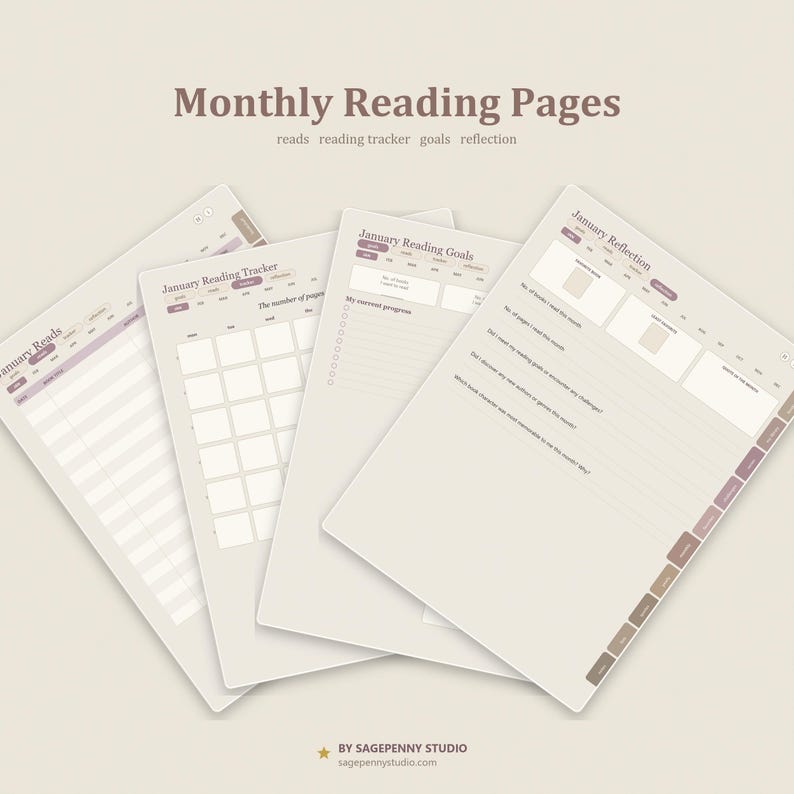 May include: A set of digital planner pages titled Monthly Reading Pages, including a reading tracker, goals, and reflection sections. The pages feature a neutral beige color palette with brown text and tabs, displaying January specific headers.
