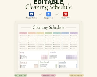 Calendario de limpieza editable, planificador de tareas de limpieza, tabla de tareas semanales y mensuales, imprimible en Google Docs y Word, rutina diaria de limpieza del hogar.