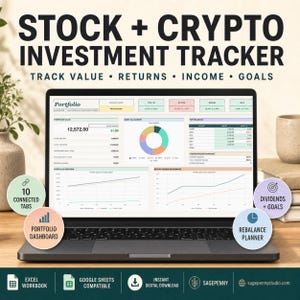 May include: A digital stock and crypto investment tracker displayed on a laptop screen. The interface features a portfolio dashboard with charts, asset allocation, and performance metrics. Text includes "STOCK + CRYPTO INVESTMENT TRACKER" and "10 CONNECTED TABS".