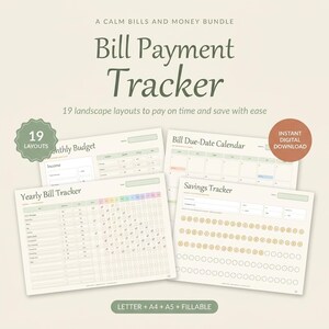 Bill Payment Tracker Printable | 19 Bill & Budget Trackers | Fillable PDF Letter A4 A5 | Yearly Monthly Bill Organizer | Instant Download image 1