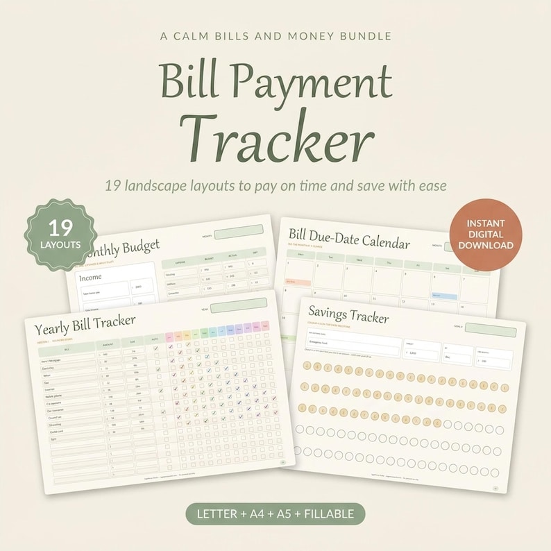 Bill Payment Tracker Printable | 19 Bill & Budget Trackers | Fillable PDF Letter A4 A5 | Yearly Monthly Bill Organizer | Instant Download image 1