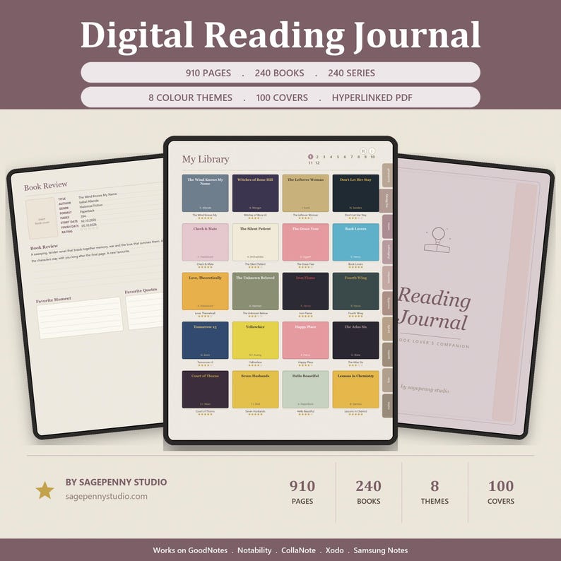 Digital Reading Journal Goodnotes 910 Pages 240 Books 240 Series Reading Tracker Book Journal Notability iPad Bookish Hyperlinked Planner image 1
