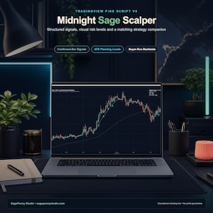 May include: A laptop displaying a TradingView Pine Script V6 chart titled Midnight Sage Scalper. The screen shows financial data with text labels for Confirmed-Bar Signals, ATR Planning Levels, and Buyer-Run Backtests on a dark background.