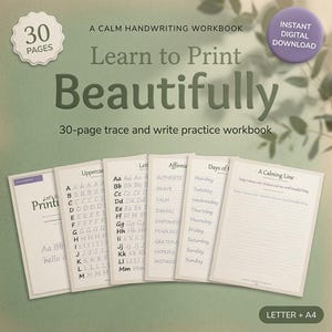 Printing Practice Workbook | Printable Handwriting Practice for Adults | 30 Page Trace & Write Alphabet and Words | Instant Download PDF